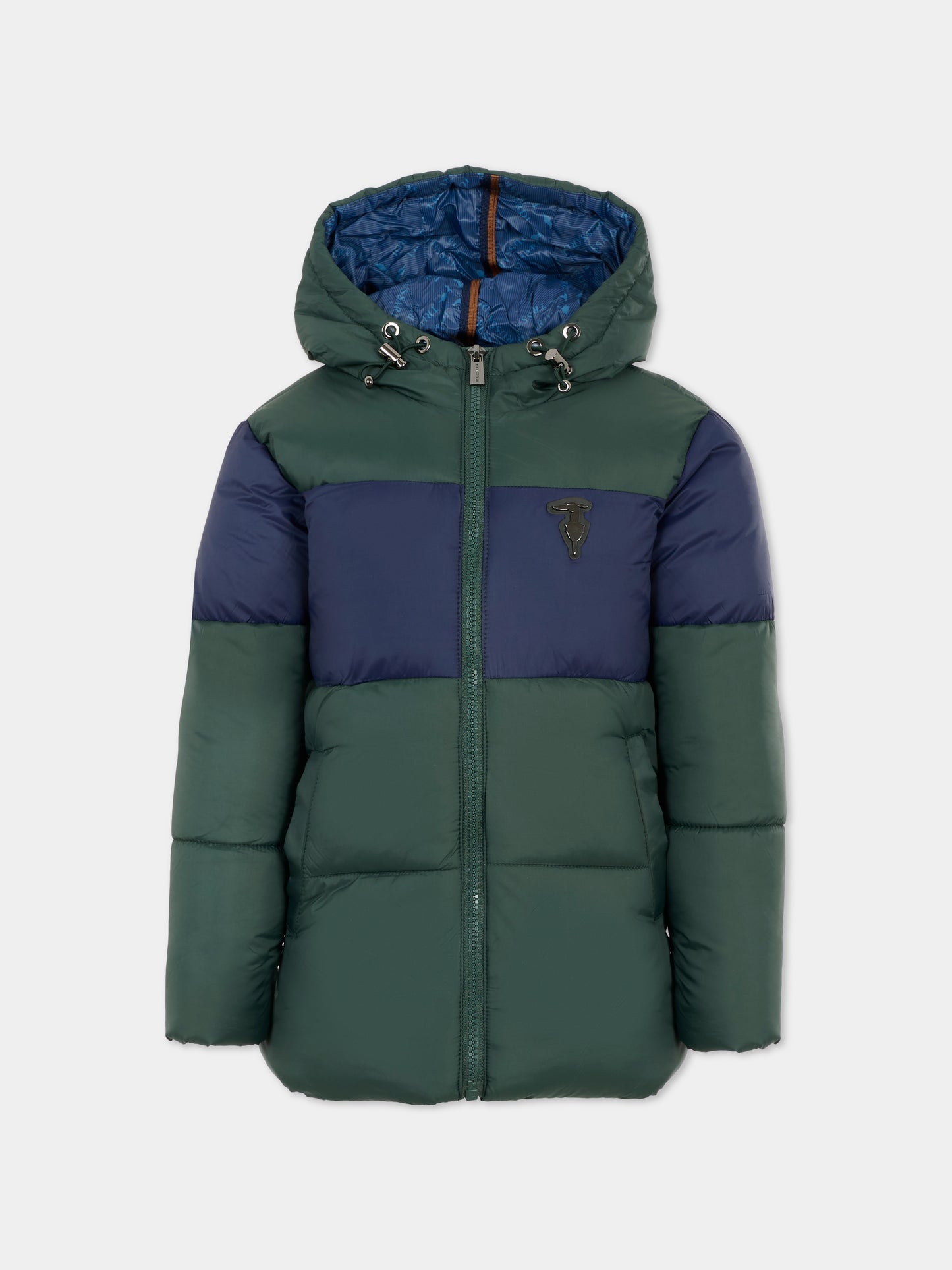 Green down jacket for boy with logo