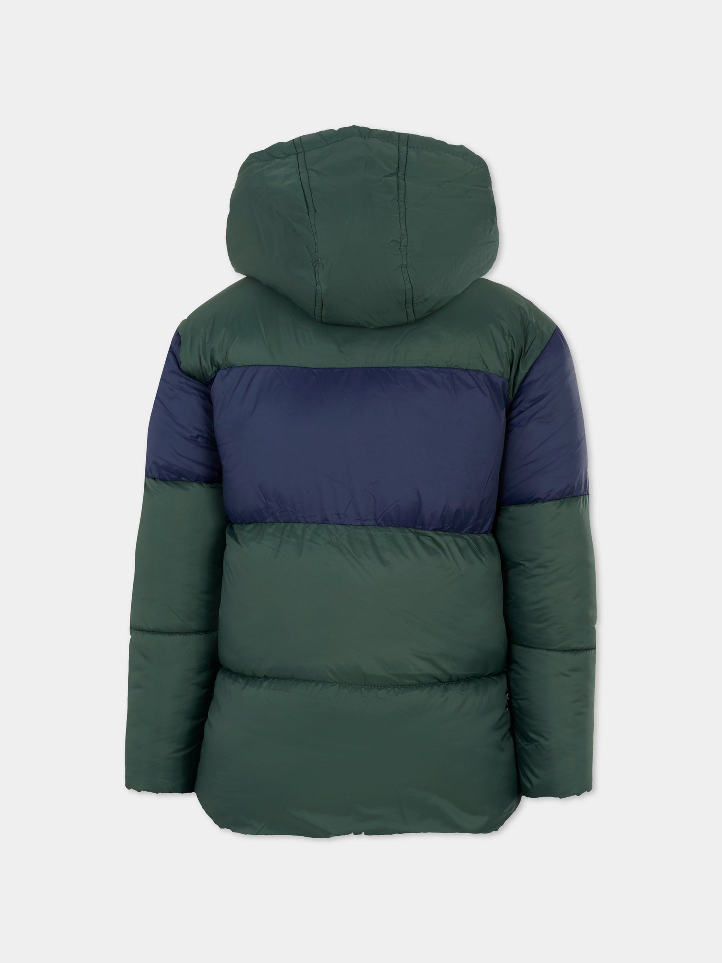 Green down jacket for boy with logo