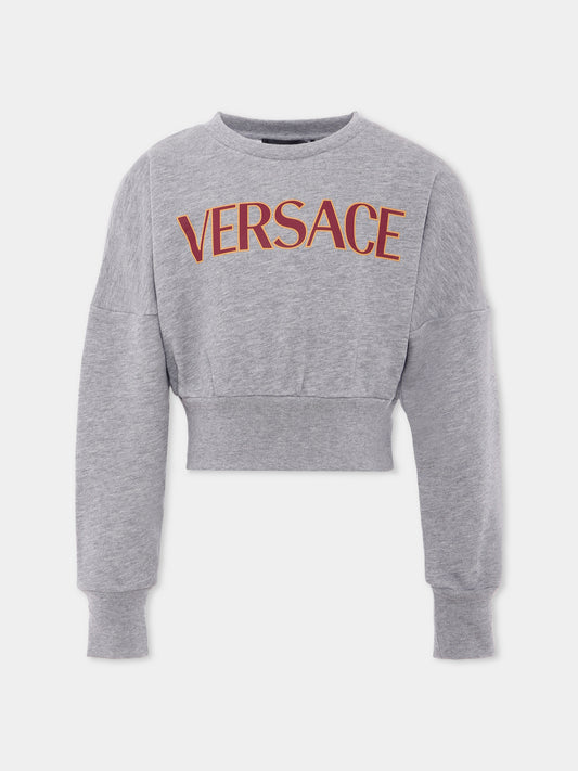 Felpa grigia con logo bordeaux per bambina,Versace,1020639 1A14889 6E780