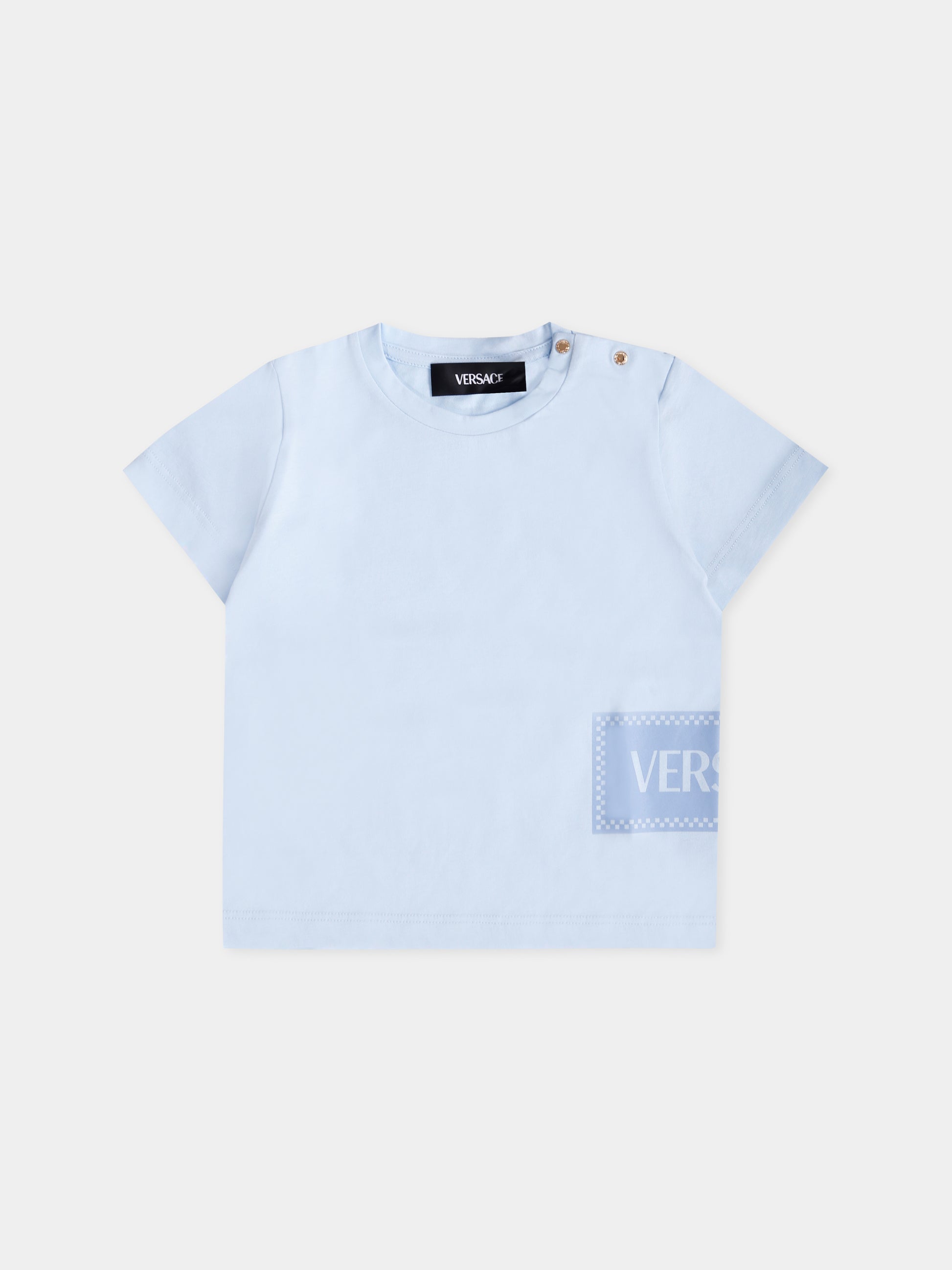 T-shirt celeste con '90s vintage logo per neonato,Versace,1018570 1A15441 2VK90