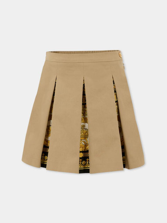Gonna beige per bambina con stampa Barocco,Versace,1020485 1A14822 2KS40