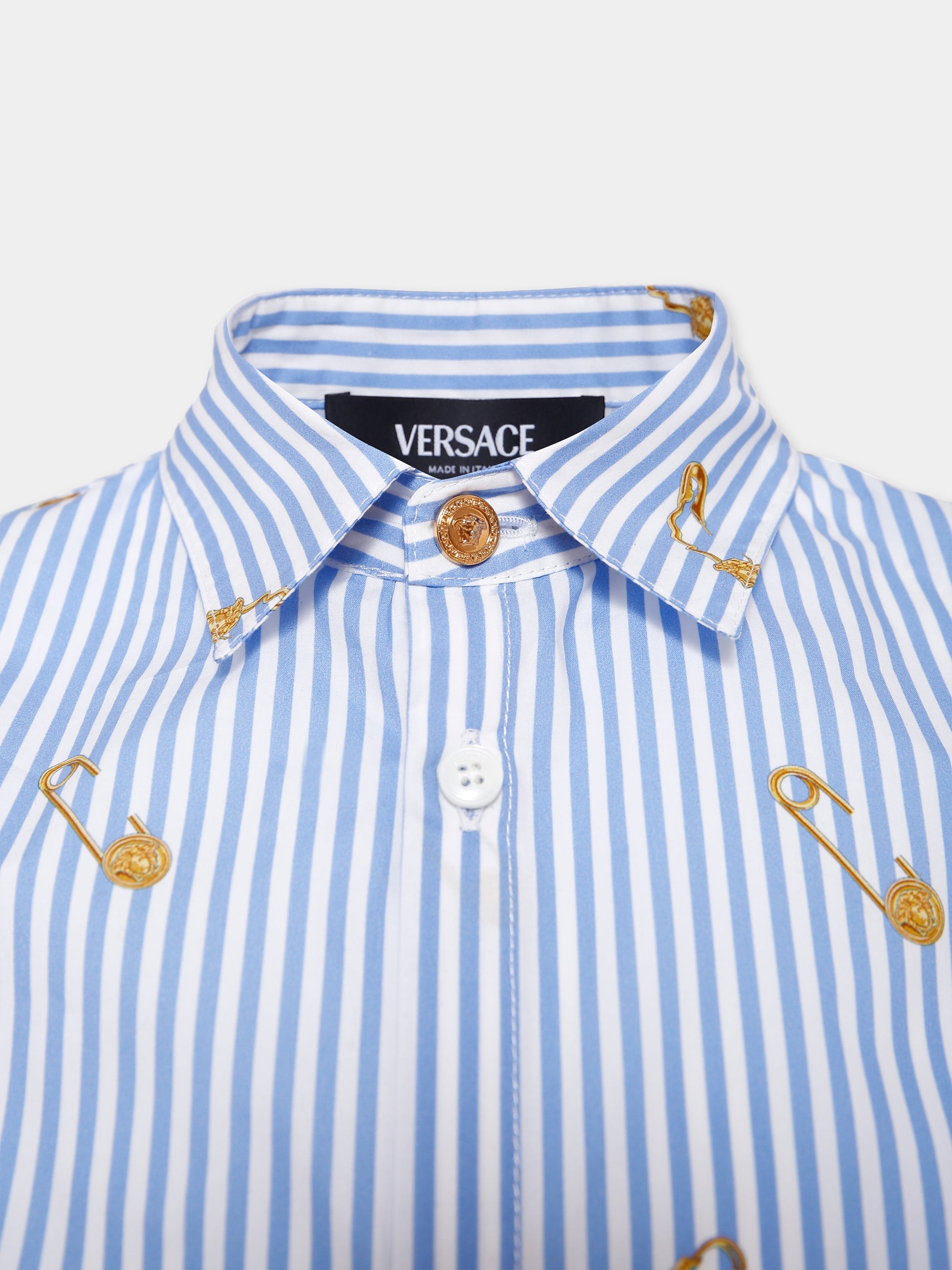 Camicia azzurra per bambino con spilla da balia,Versace,1018643 1A14827 5UE60