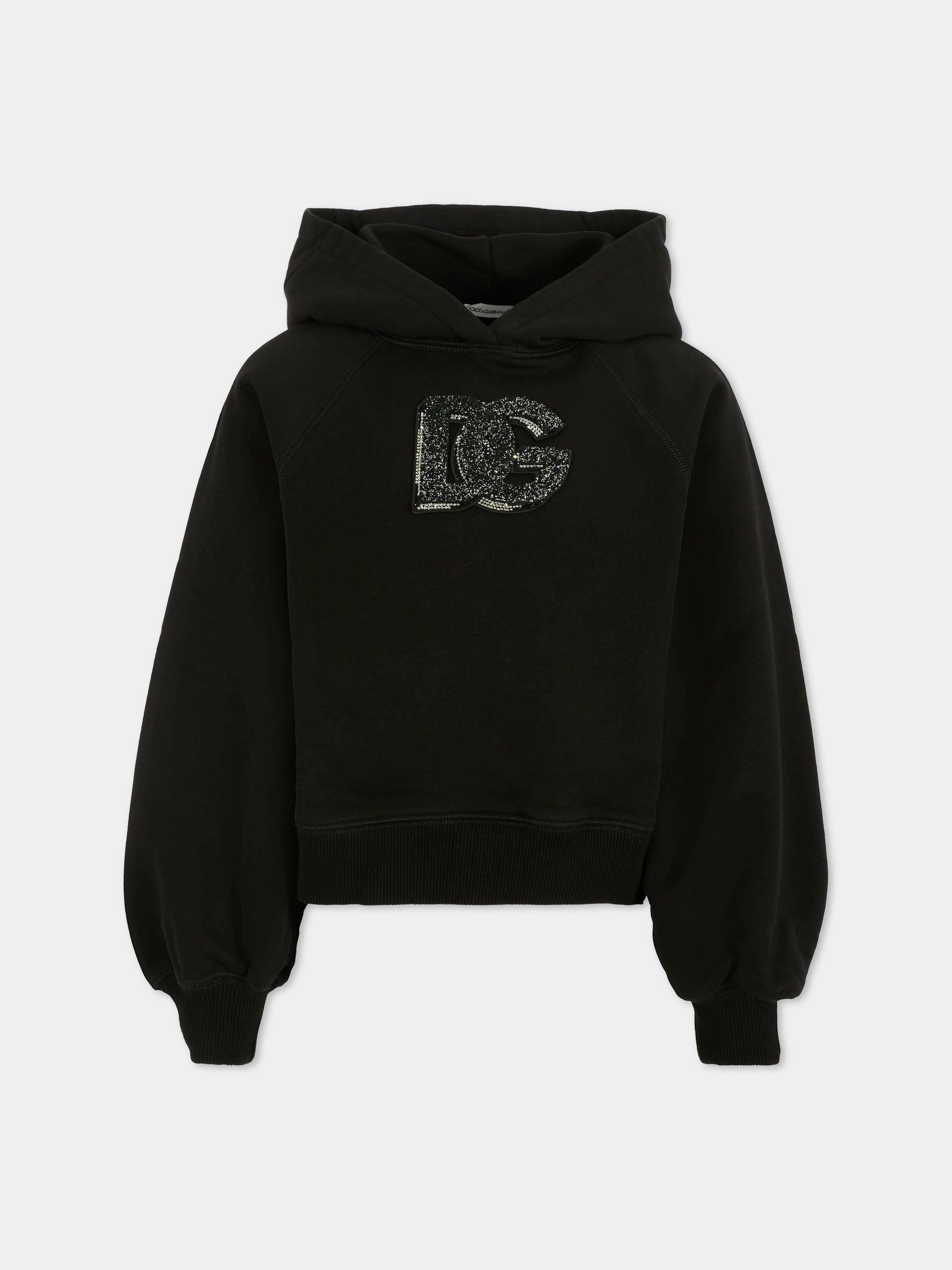 Felpa crop nera per bambina con logo DG,Dolce & Gabbana Kids,L5JWCB G7PHM N0000