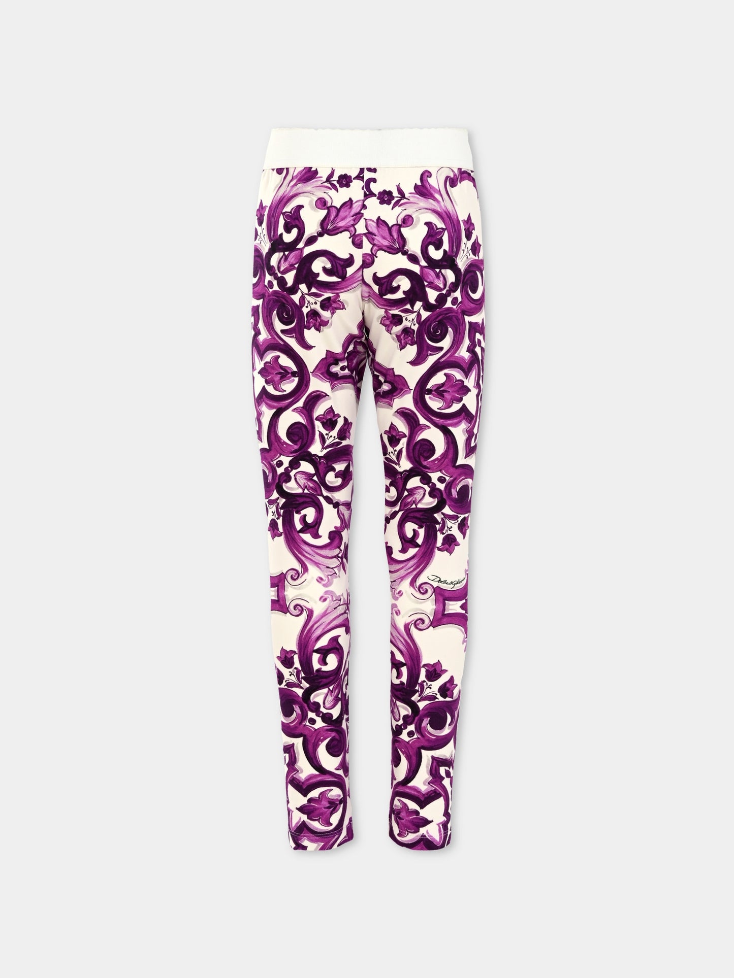 Leggings viola per bambina con stampa maioliche,Dolce & Gabbana Kids,L5JP5B HPGF4 IP3TN