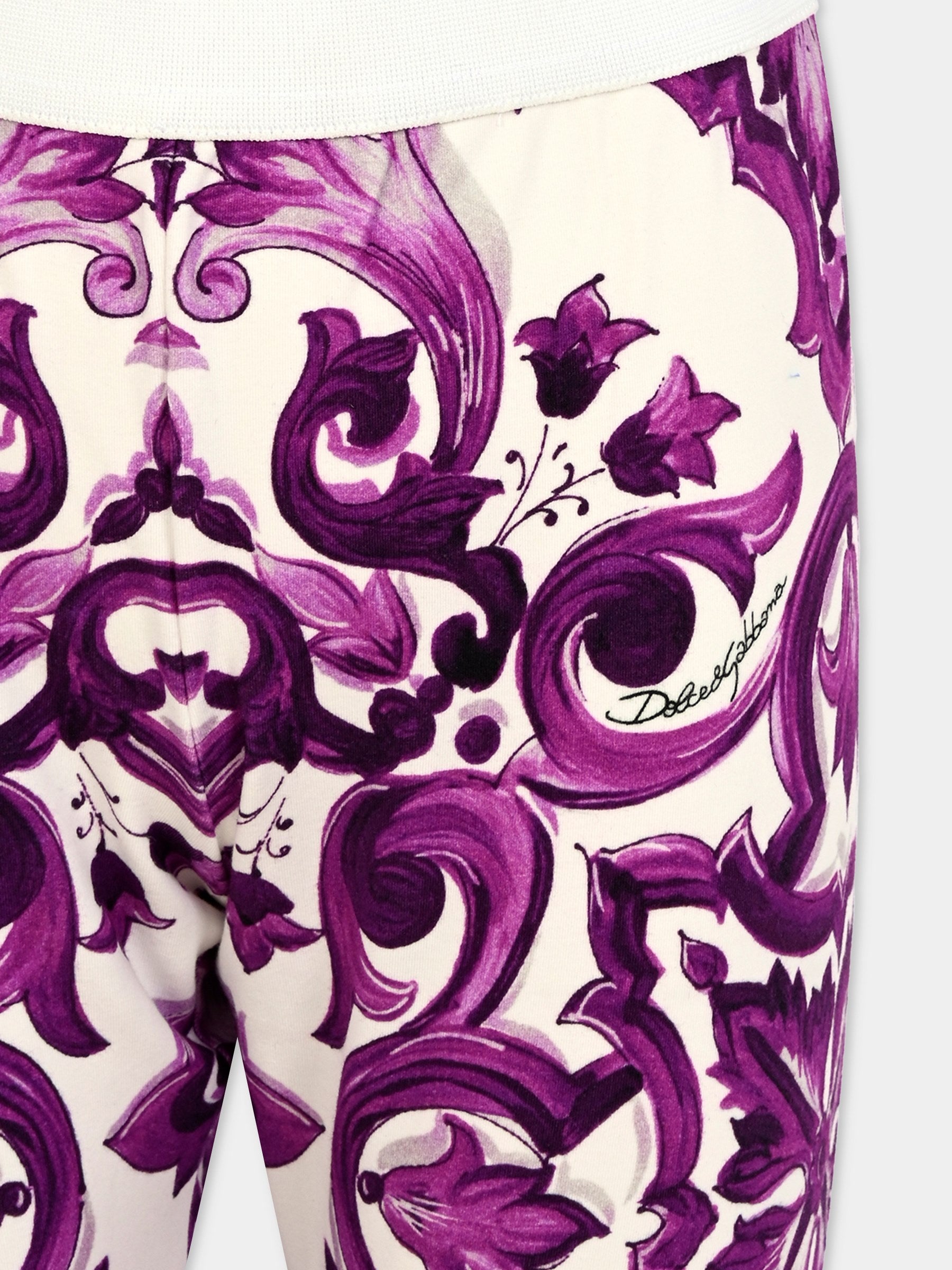 Leggings viola per bambina con stampa maioliche,Dolce & Gabbana Kids,L5JP5B HPGF4 IP3TN
