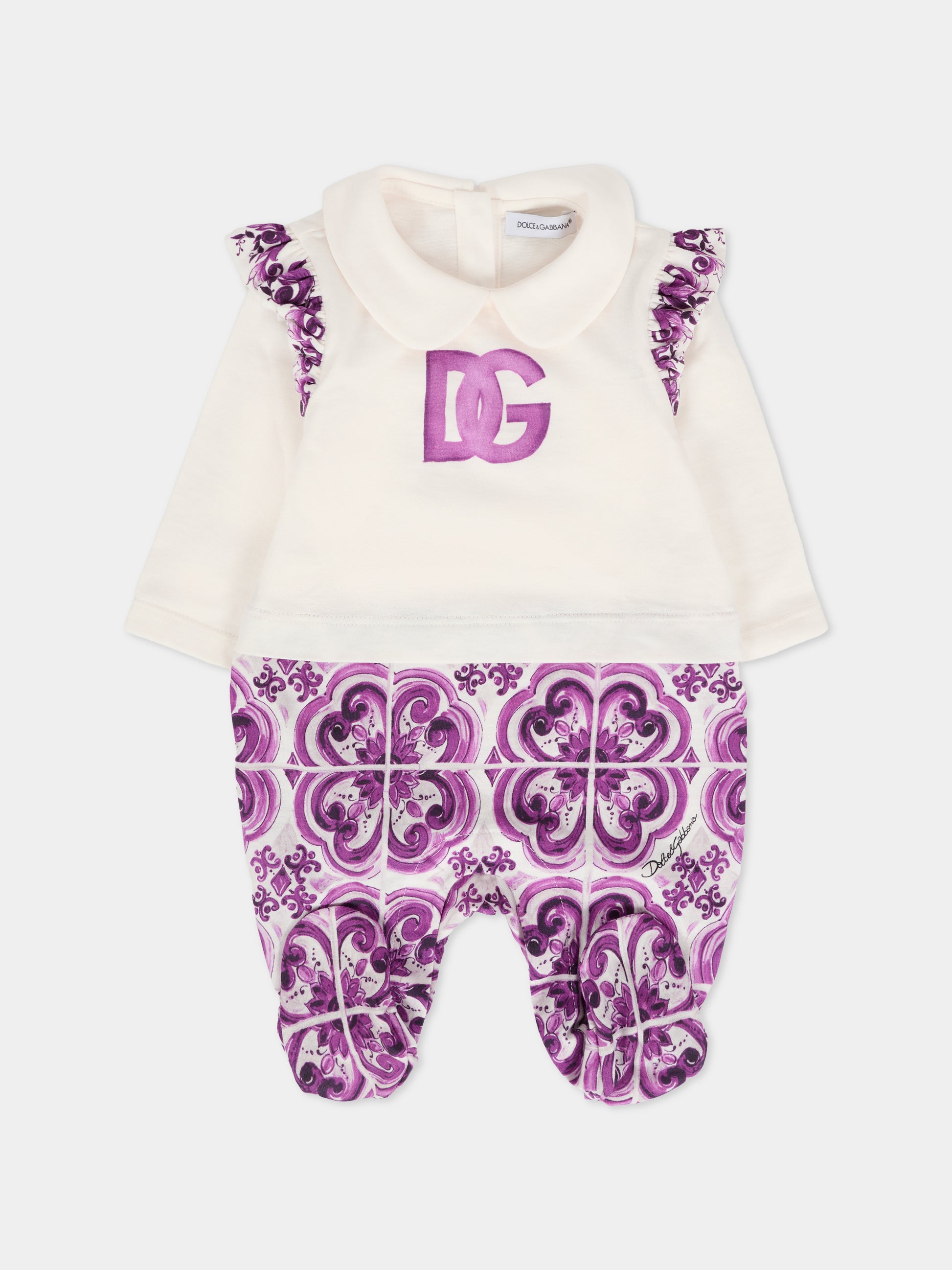 Set tutina viola per neonata con stampa maioliche,Dolce & Gabbana Kids,L2JO4C G7PEH S9000