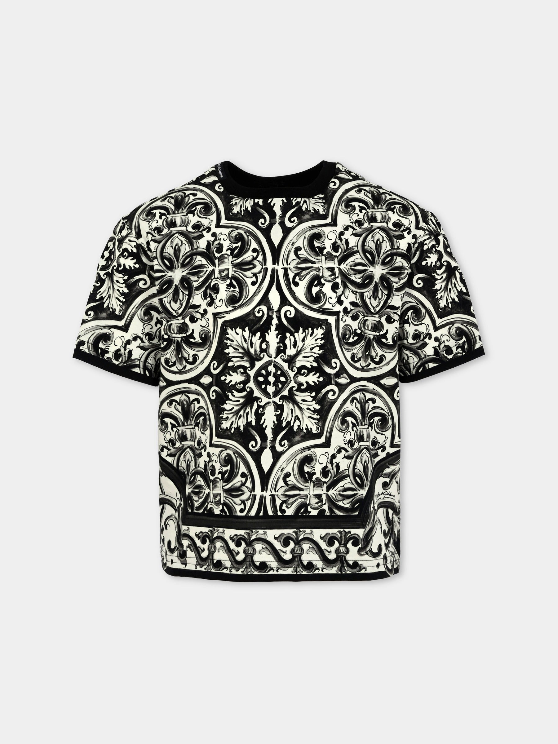 T-shirt nera per bambino con stampa maioliche,Dolce & Gabbana Kids,L4JTHV II7ED HY5DQ