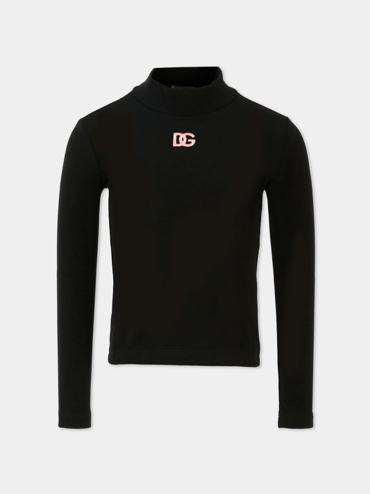 Dolcevita nero per bambina con logo rosa ricamato,Dolce & Gabbana Kids,L5JTLE G7N9L N0000