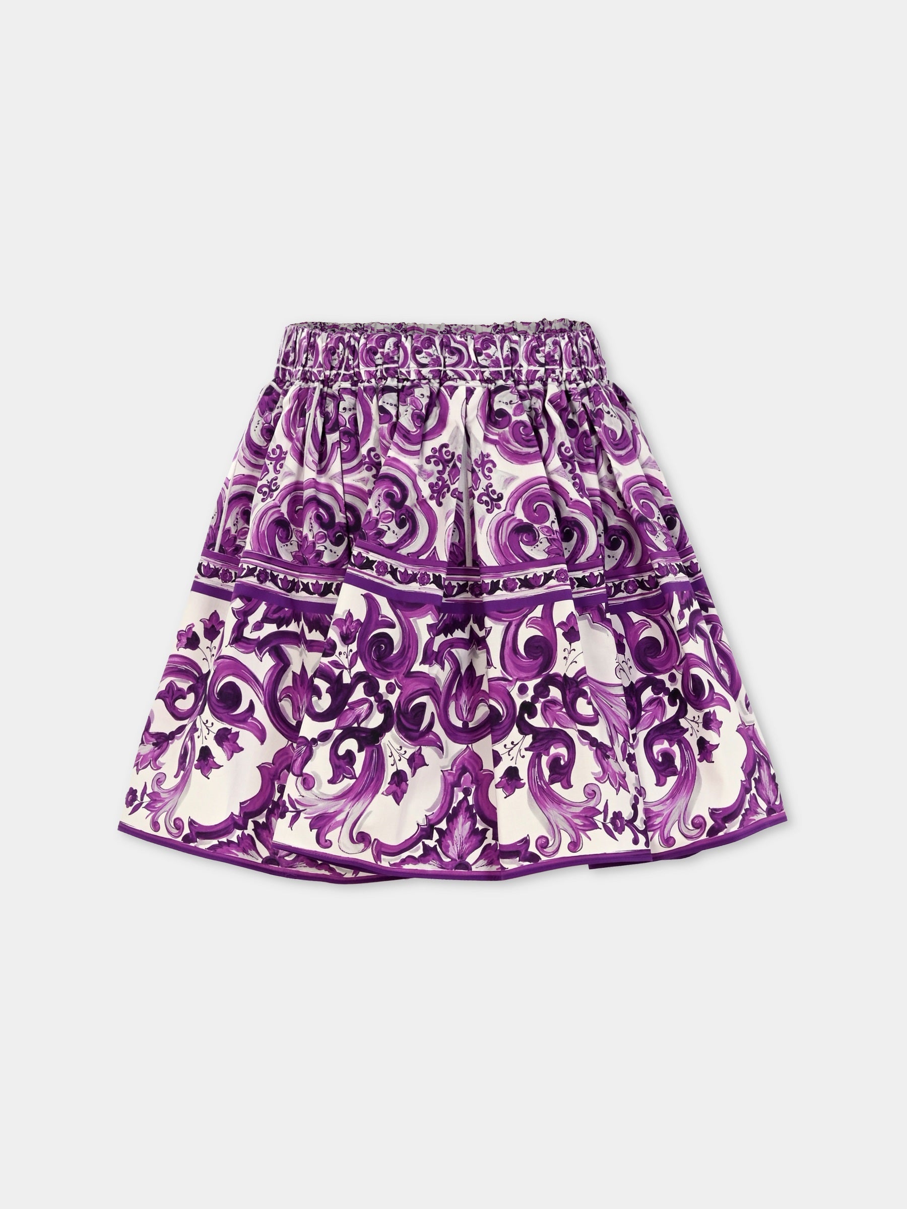 Gonna viola per bambina con stampa maioliche,Dolce & Gabbana Kids,L55I63 HH5EN IP3TN