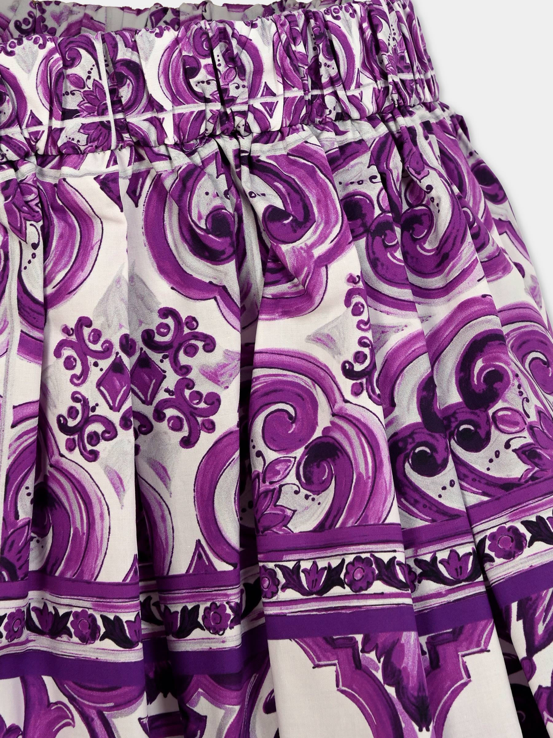 Gonna viola per bambina con stampa maioliche,Dolce & Gabbana Kids,L55I63 HH5EN IP3TN