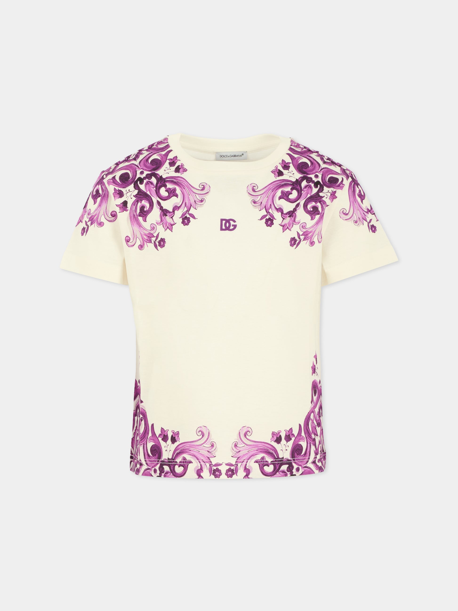 T-shirt bianca per bambina con logo DG e stampa maiolica viola,Dolce & Gabbana Kids,L5JTNK II7H3 I23TN