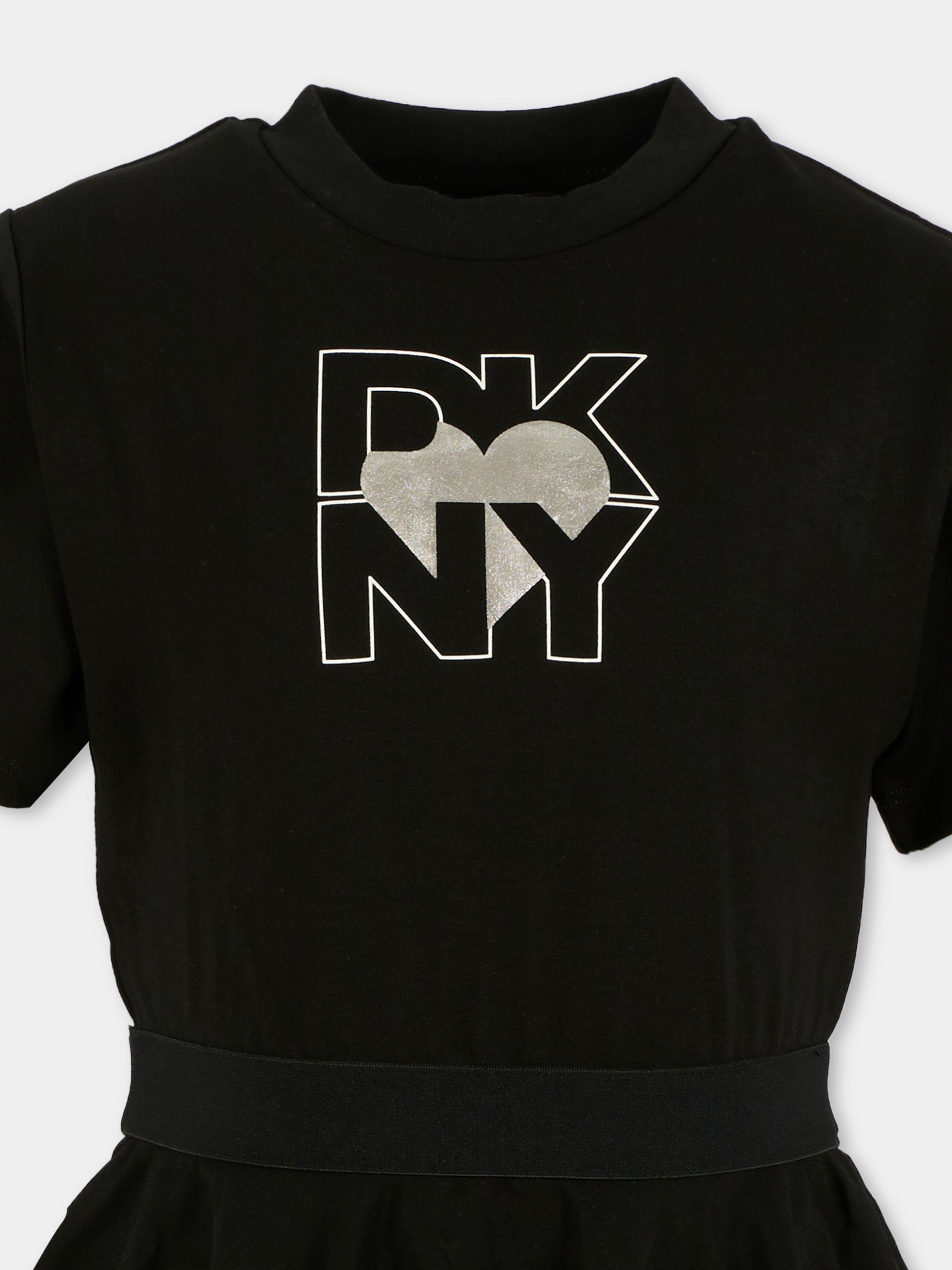 Vestito nero per bambina con logo bianco,Dkny,D62389 09B