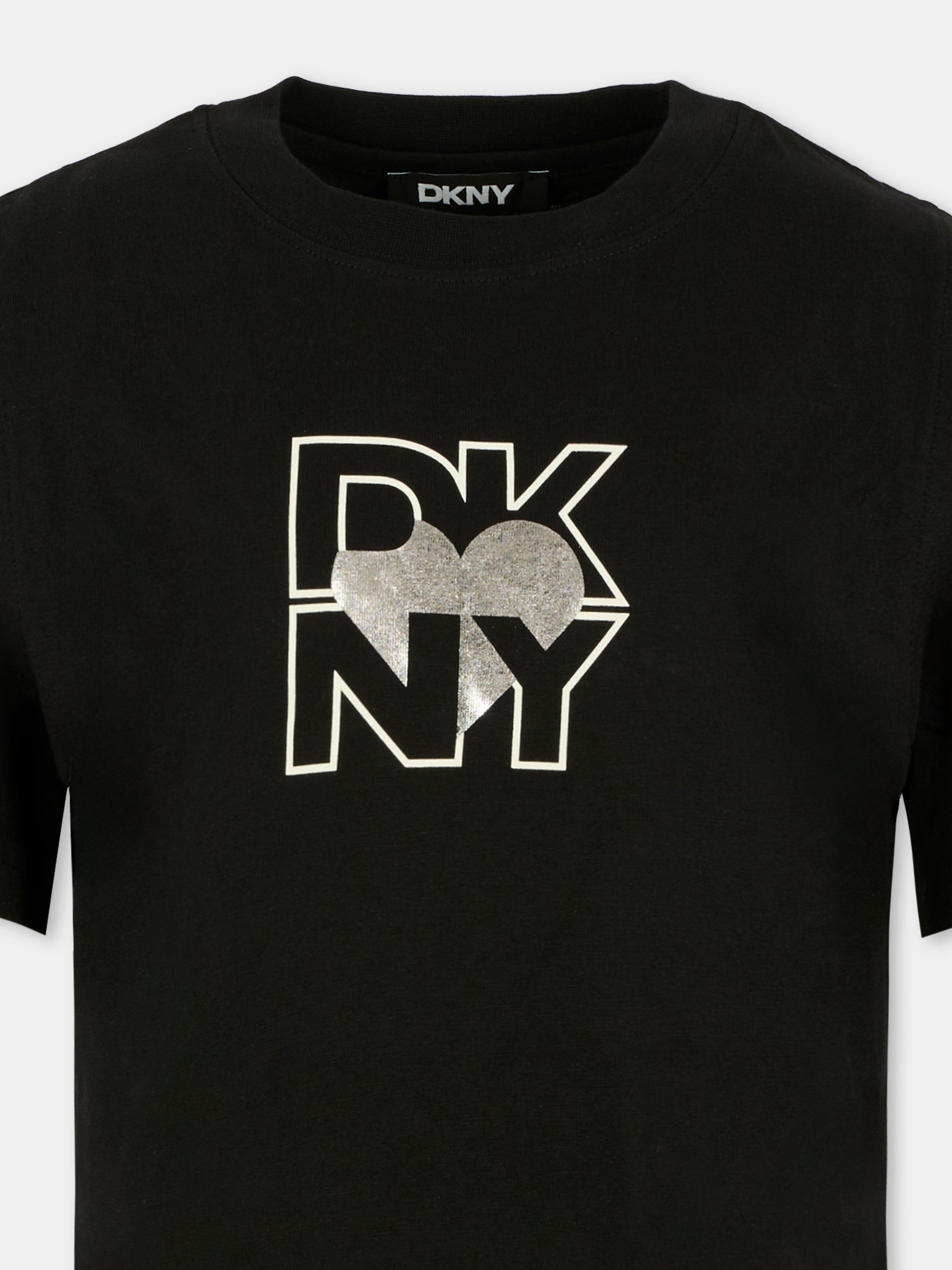 T-shirt nera per bambina con logo e cuore,Dkny,D62417 09B