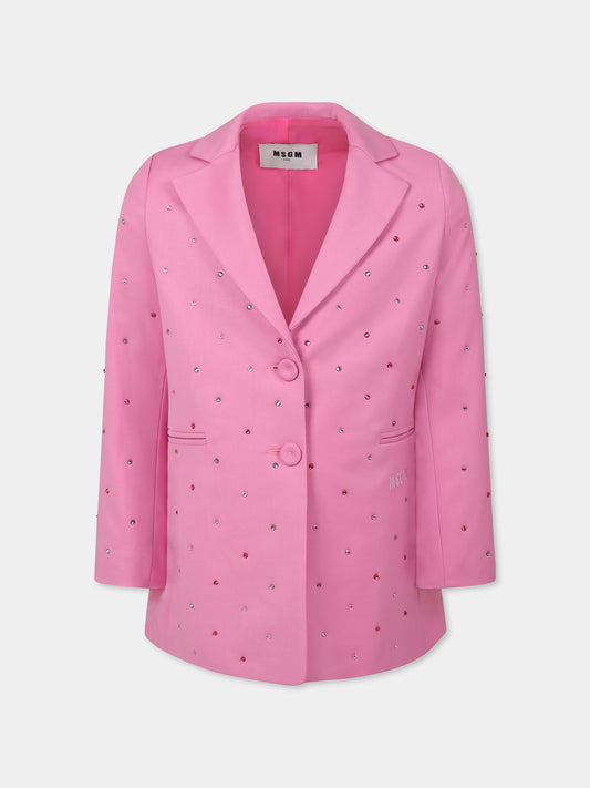 Giacca rosa per bambina con strass e logo,Msgm Kids,F4MSJGJK186 042