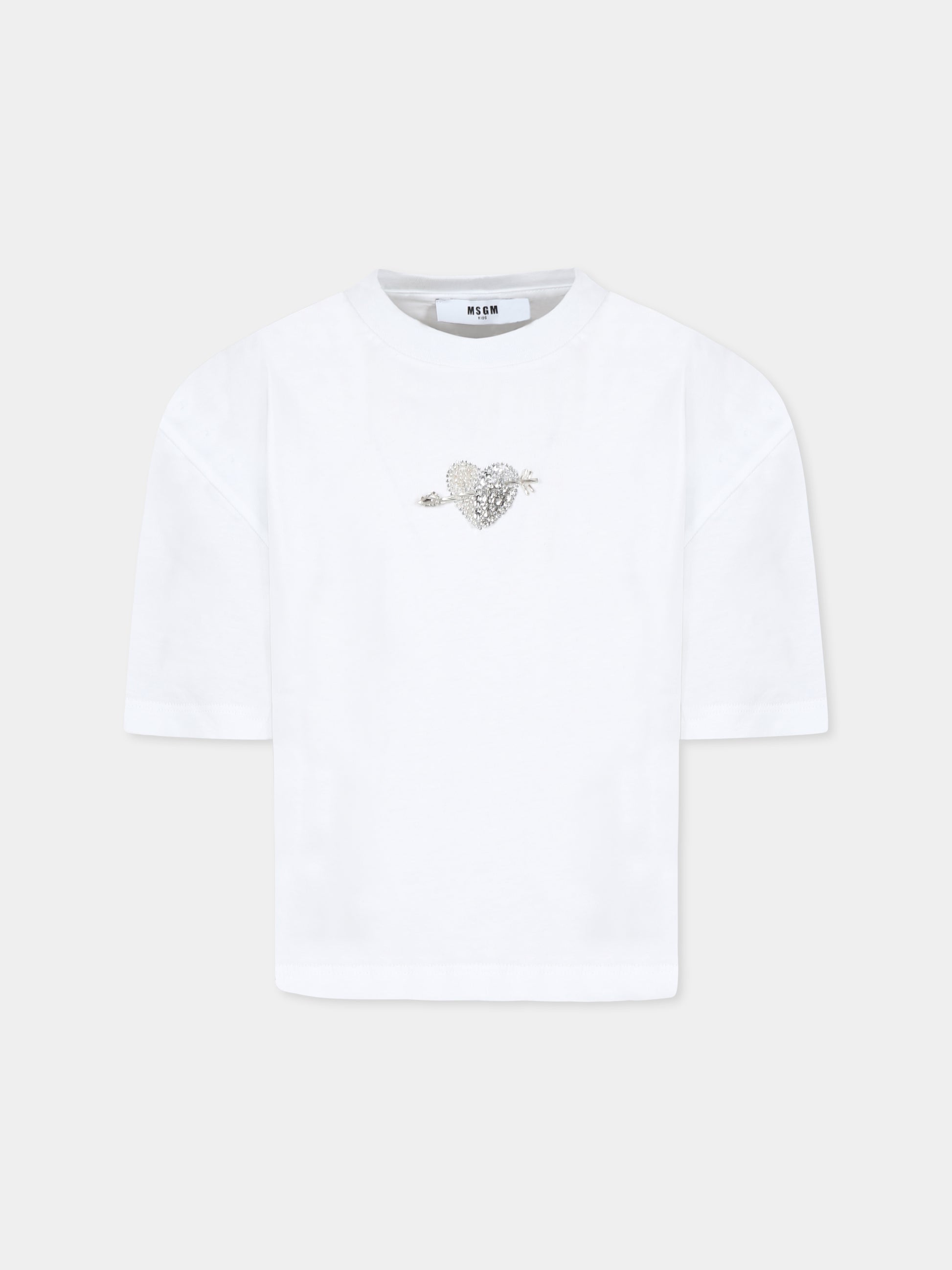T-shirt bianca per bambina con cuore e cristalli,Msgm Kids,F4MSJGTH117 001
