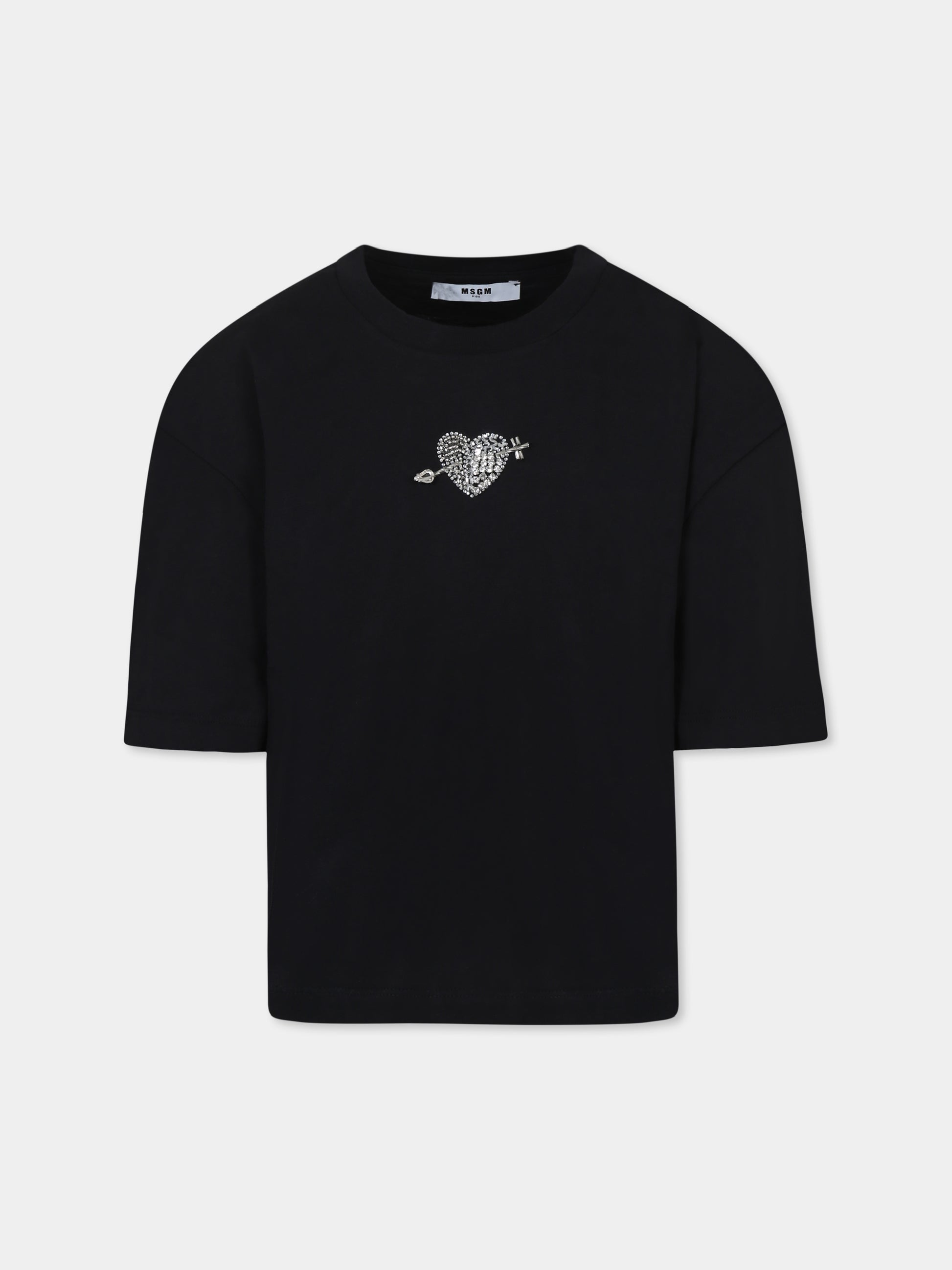 T-shirt nera per bambina con cuore e cristalli,Msgm Kids,F4MSJGTH117 110