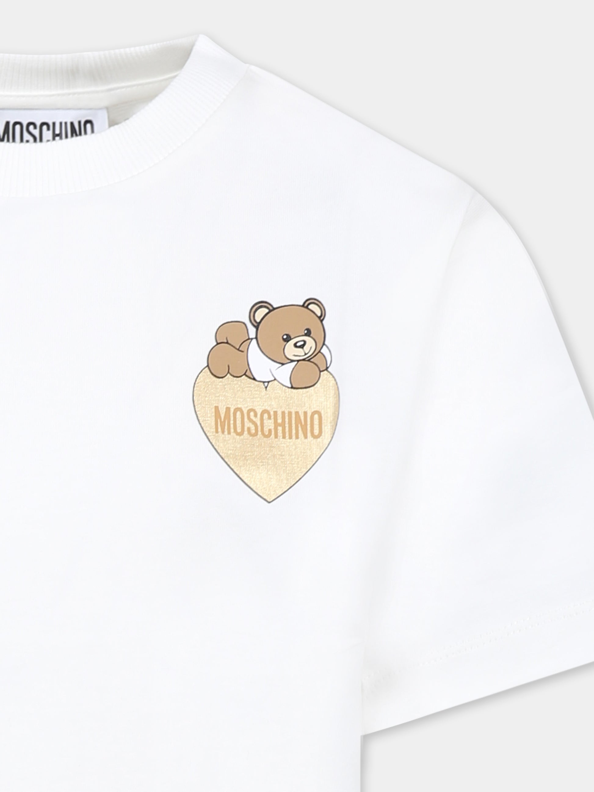 T-shirt bianca per bambina con Teddy Bear e cuore,Moschino Kids,HGM060 LBA11 10063