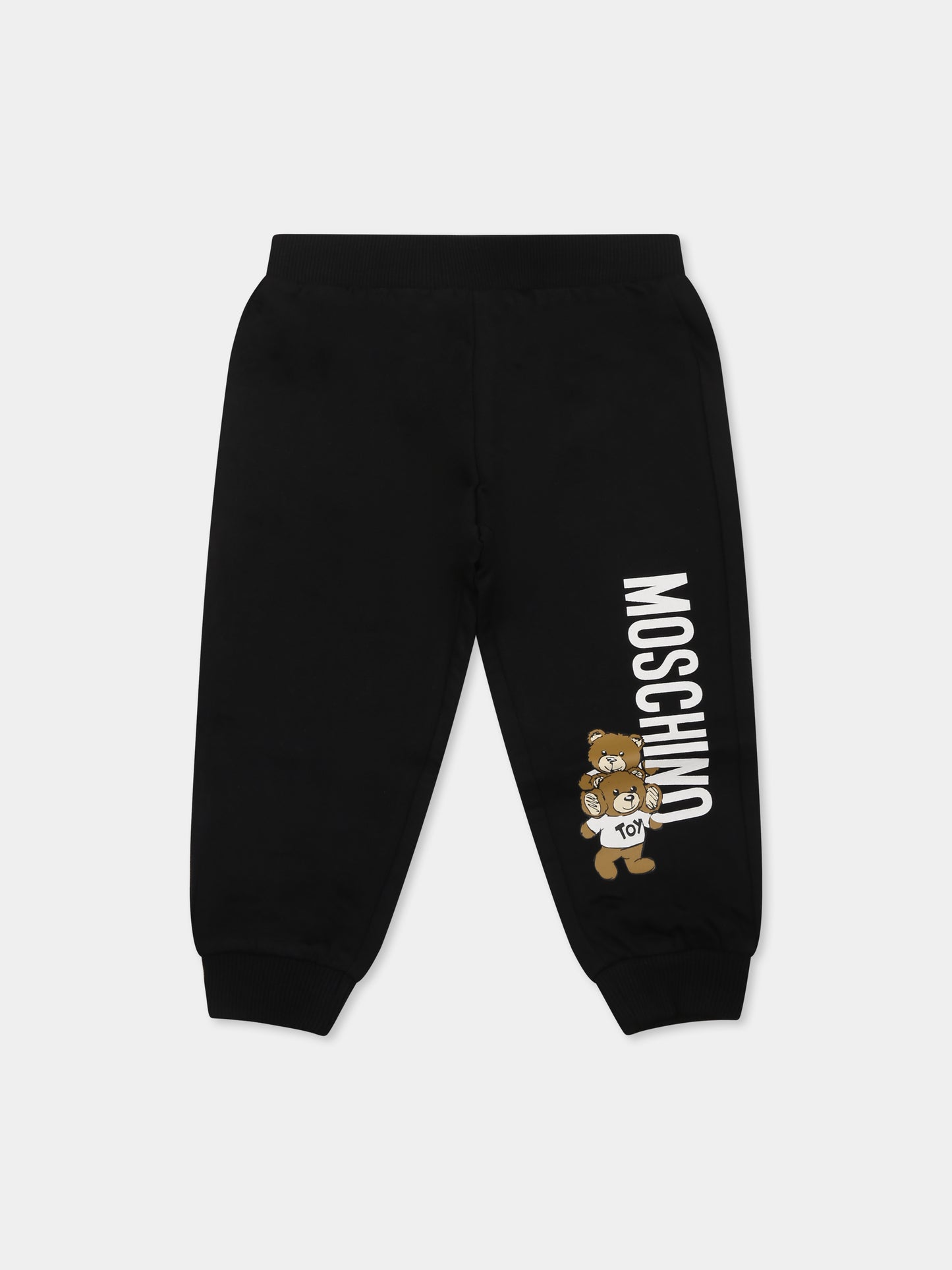Pantaloni neri per neonato con due Teddy Bears logo,Moschino Kids,MUP056 LCA14 60100