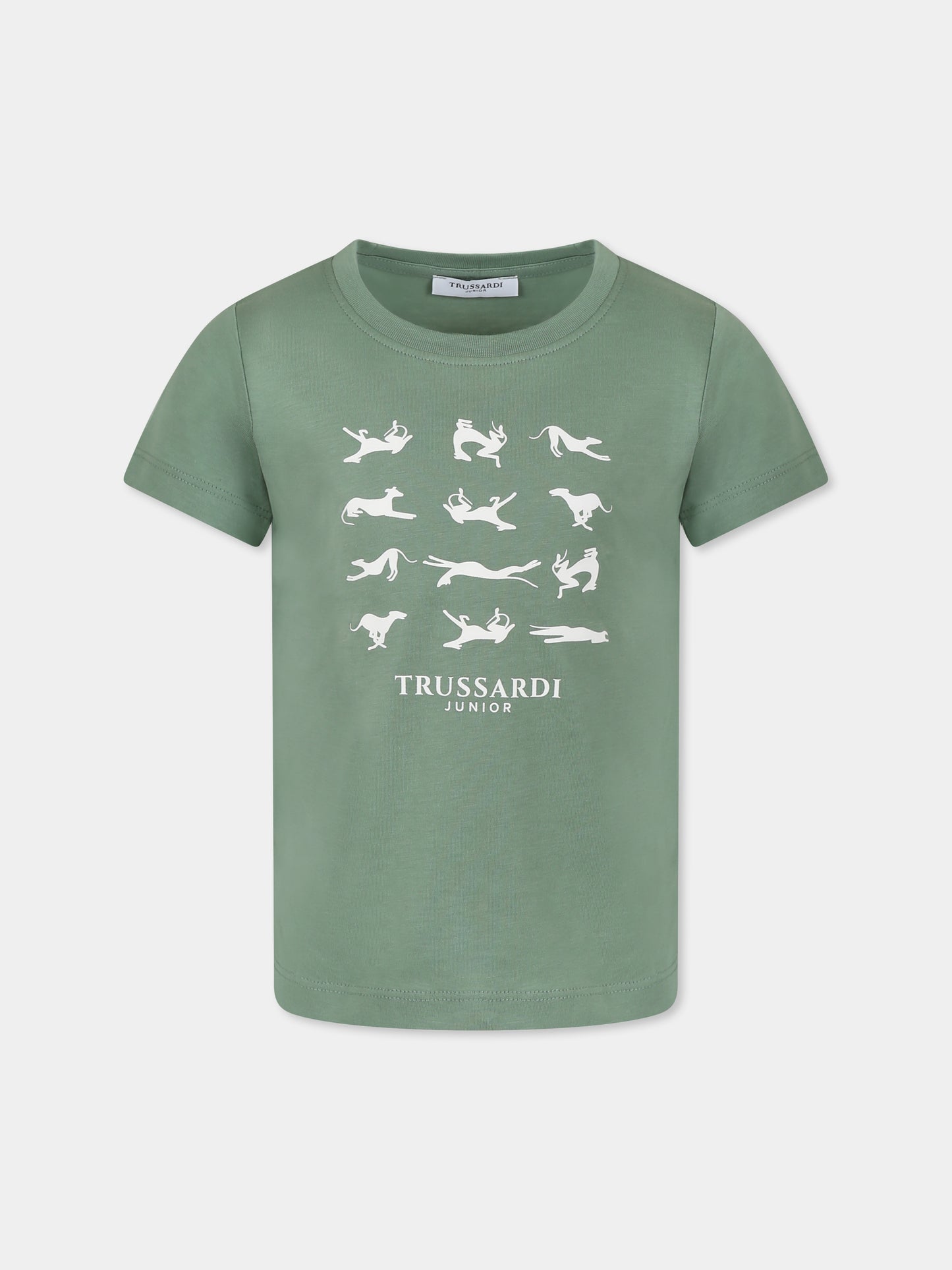 T-shirt verde per bambino con logo e stampa levriero,Trussardi Junior,TBP25091TS LAUREL