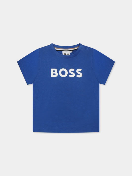 T-shirt blu per neonato con logo,Boss,J50601 872
