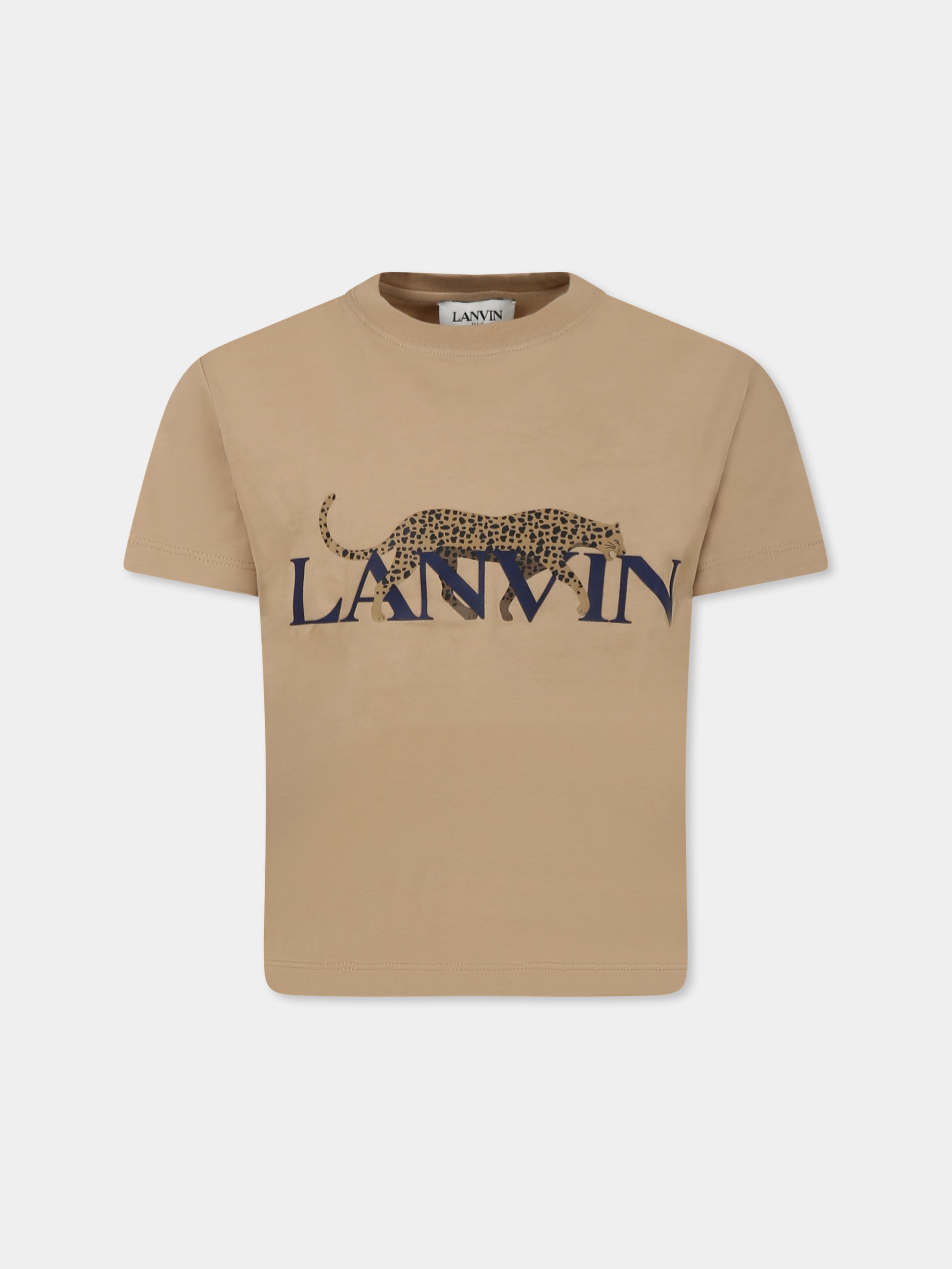 T-shirt beige per bambino con logo e ghepardo,Lanvin Petite,N30066 276
