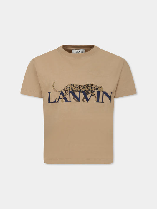 T-shirt beige per bambino con logo e ghepardo,Lanvin Petite,N30066 276