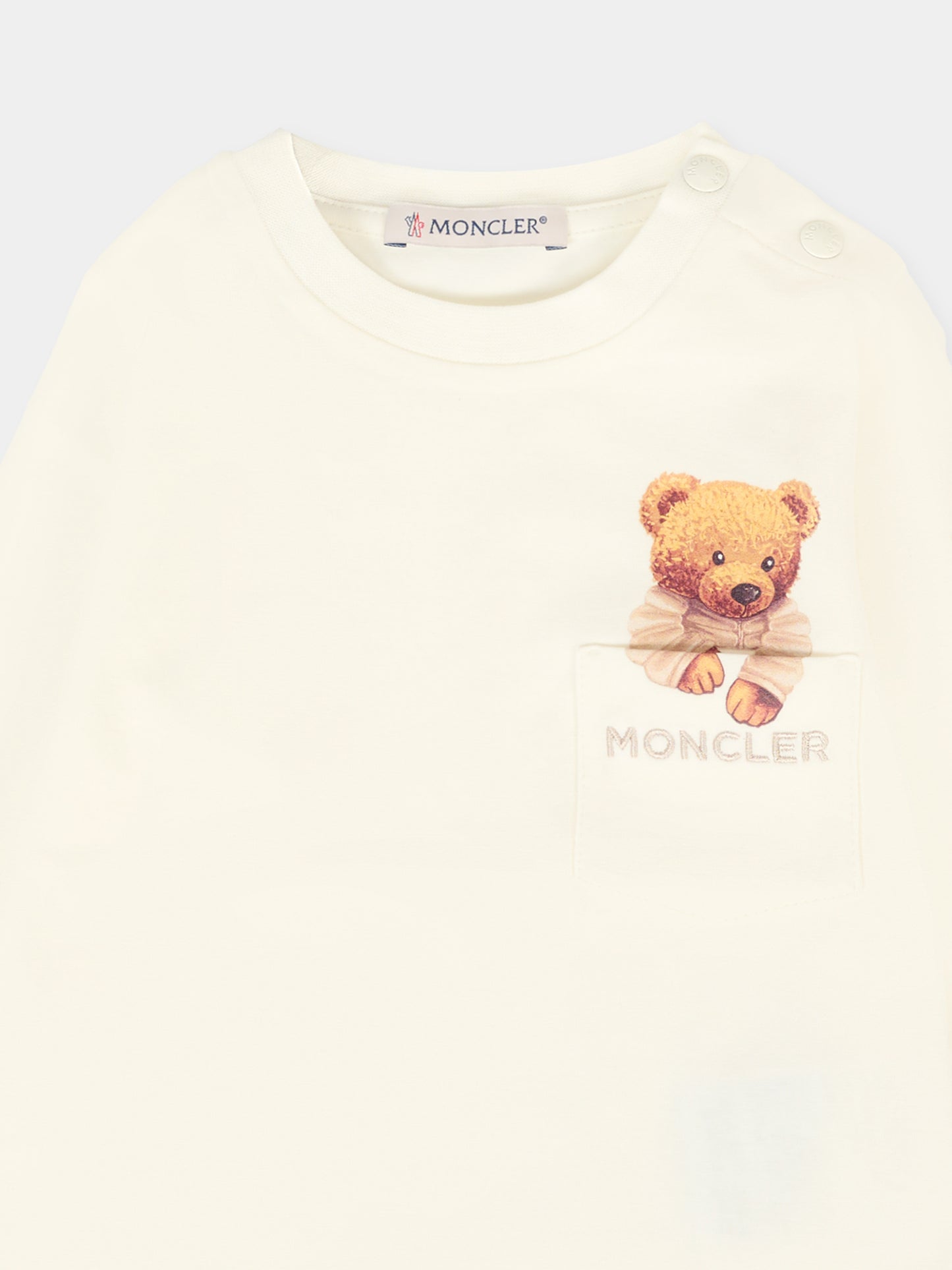 T-shirt avorio per neonato con orsetto,Moncler Kids,K2951 8D00005 89AUM 034