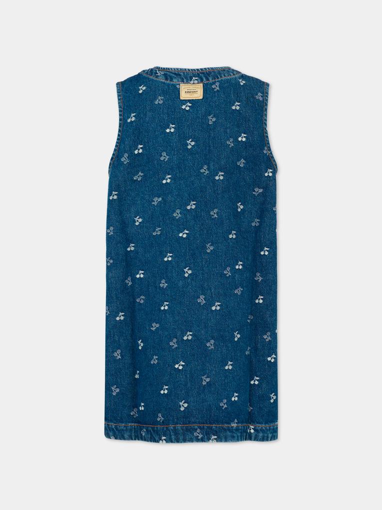 Vestito denim per bambina con ciliegie all over,Bonpoint,W05GDRW00059 617