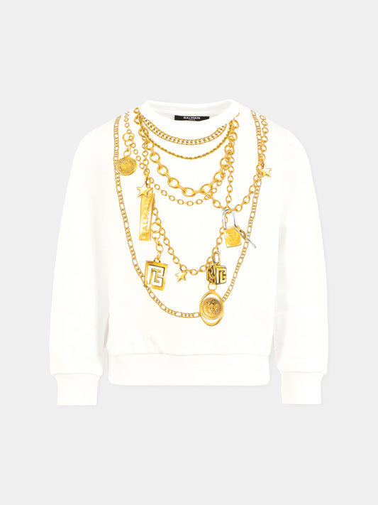 Felpa bianca per bambina con stampa catene e logo,Balmain Kids,BX4C80-Z3183 100OR