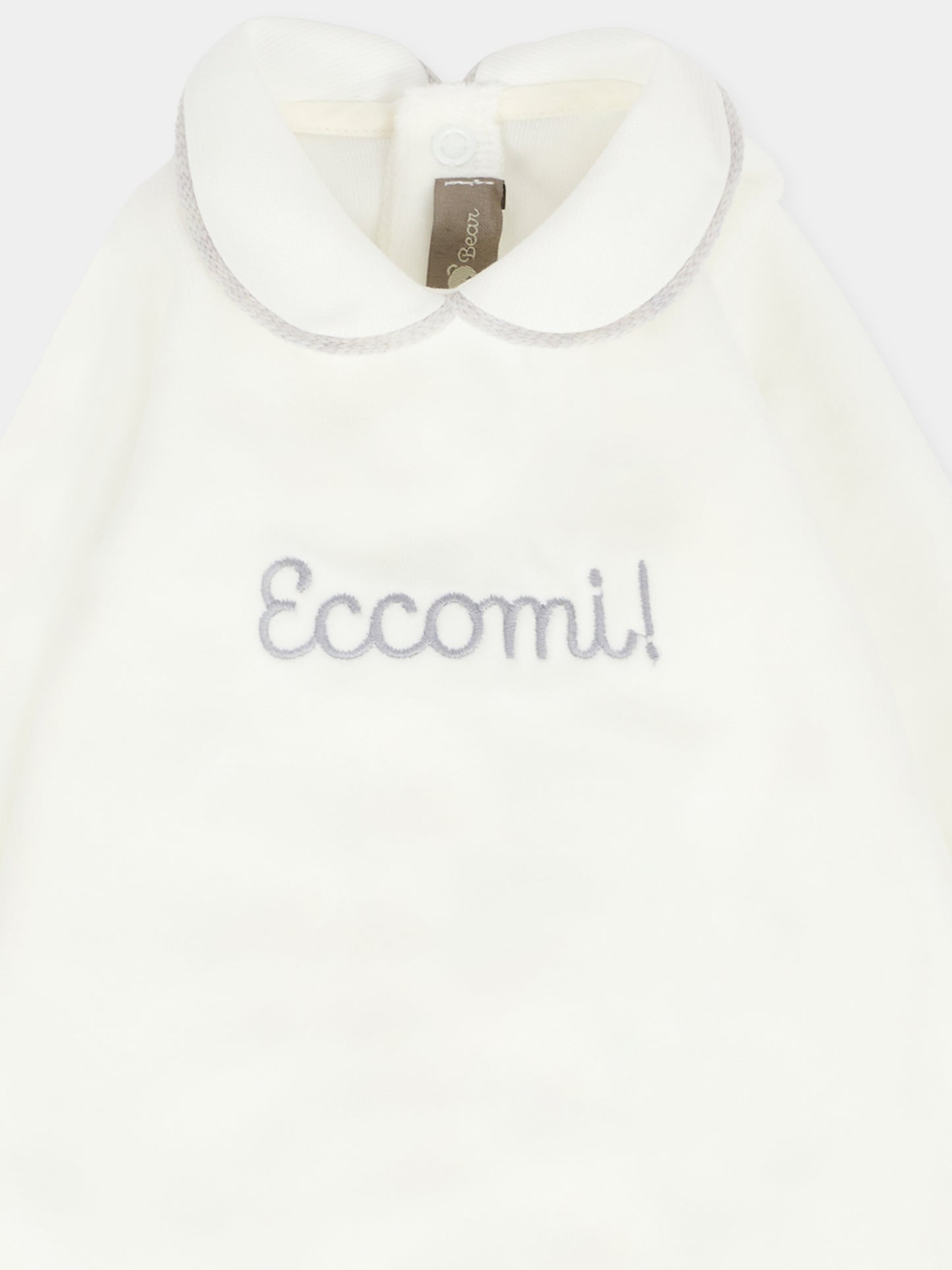 Tutina bianca per neonati con scritta Eccomi,Little Bear,2028 LATTE/GRIGIO