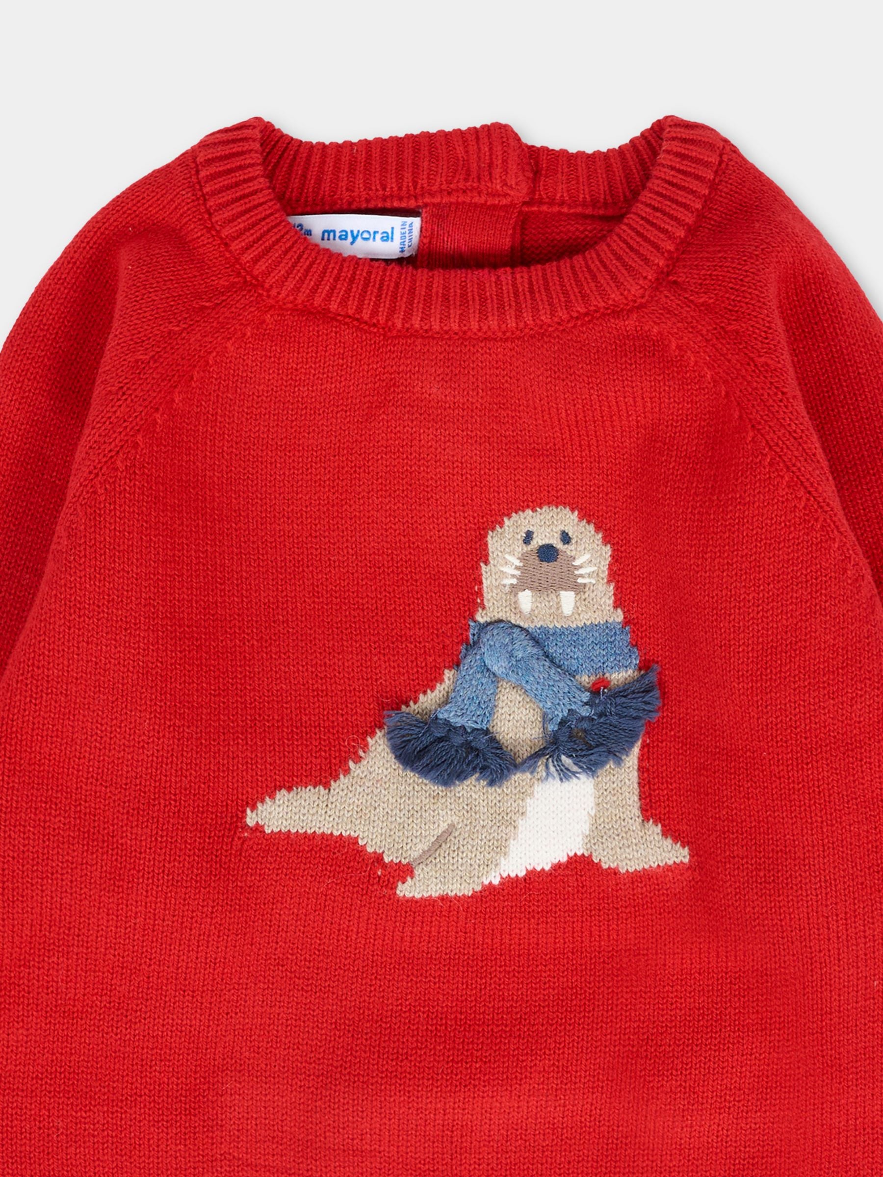 Maglione rosso per neonata con foca e logo,Mayoral,2345 021