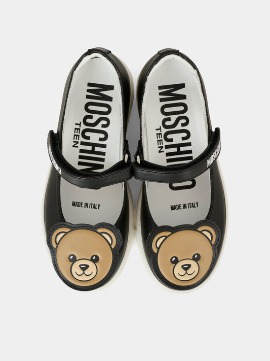 Black ballet flats for girl with Teddy Bear