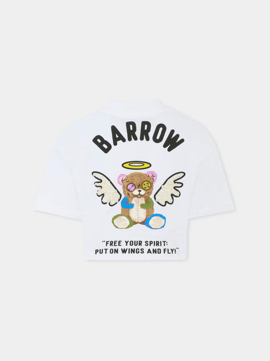 T-shirt crop bianca per bambina con stampa Bear e perle,Barrow,F5BKJGTH185 002
