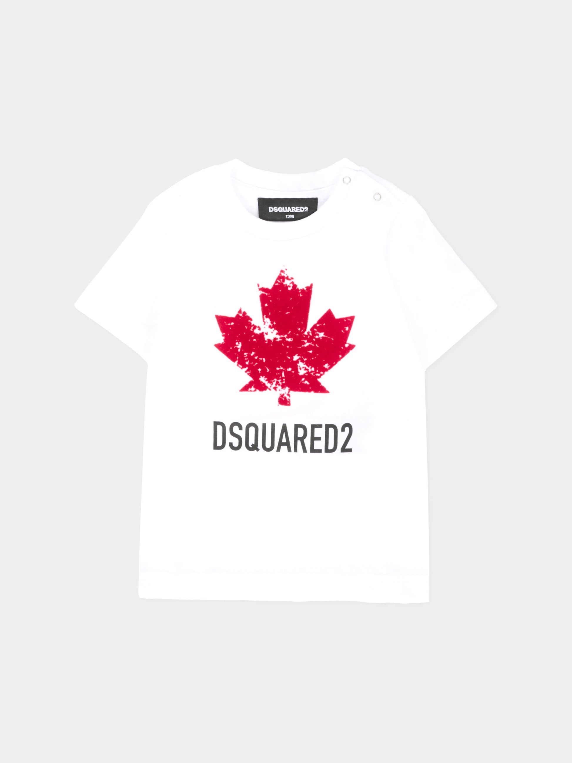 T-shirt bianca per neonati con foglia d'acero e logo,Dsquared2,DQ3112-D00XM-DQ100