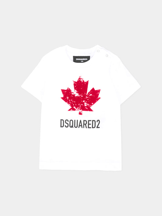 T-shirt bianca per neonati con foglia d'acero e logo,Dsquared2,DQ3112-D00XM-DQ100
