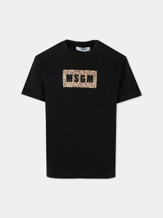 T-shirt nera per bambina con logo animalier,Msgm Kids,F5MSJBTH300 110
