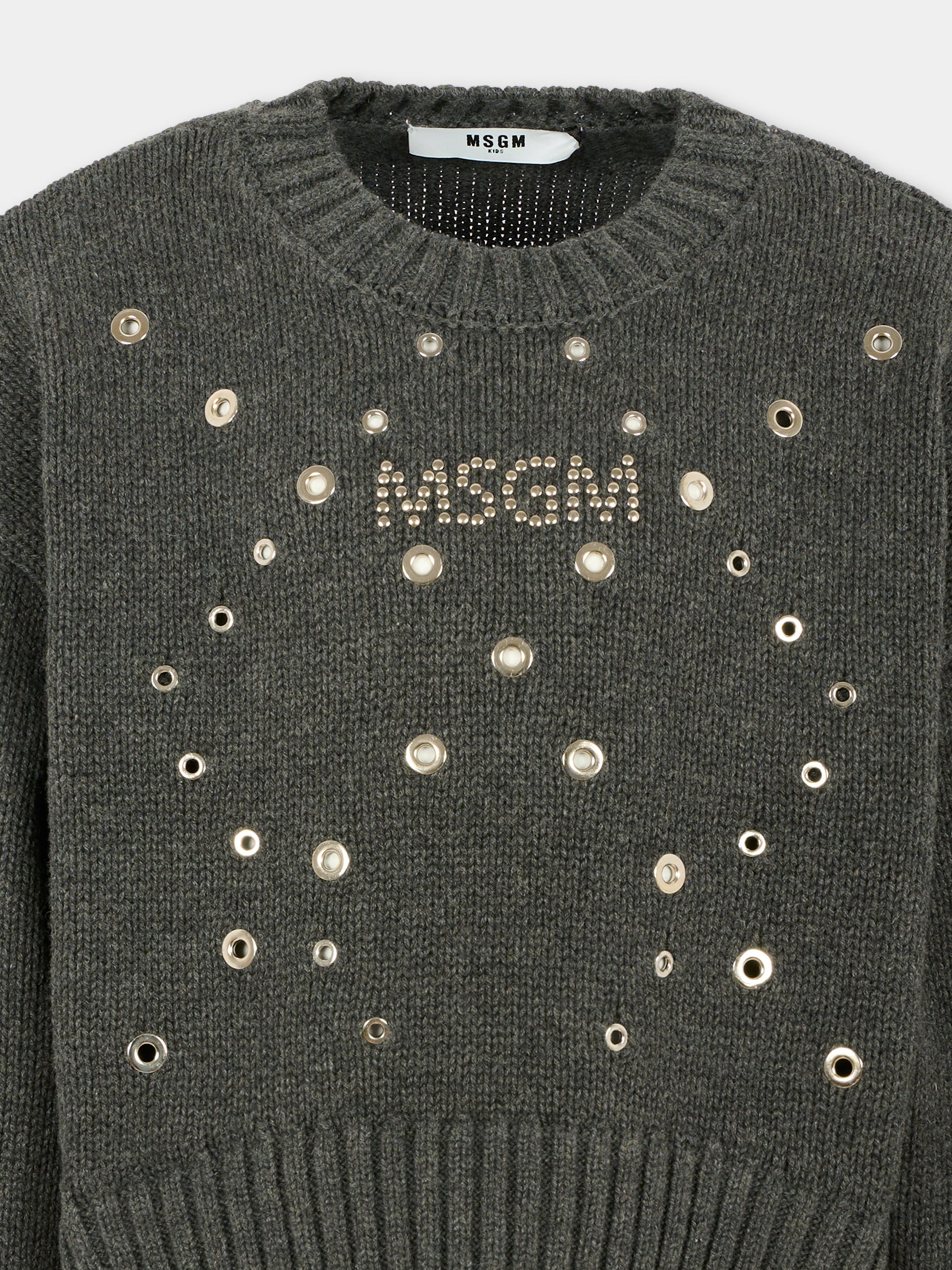Maglione grigio per bambina con logo e borchie,Msgm Kids,F5MSJGJP037 104