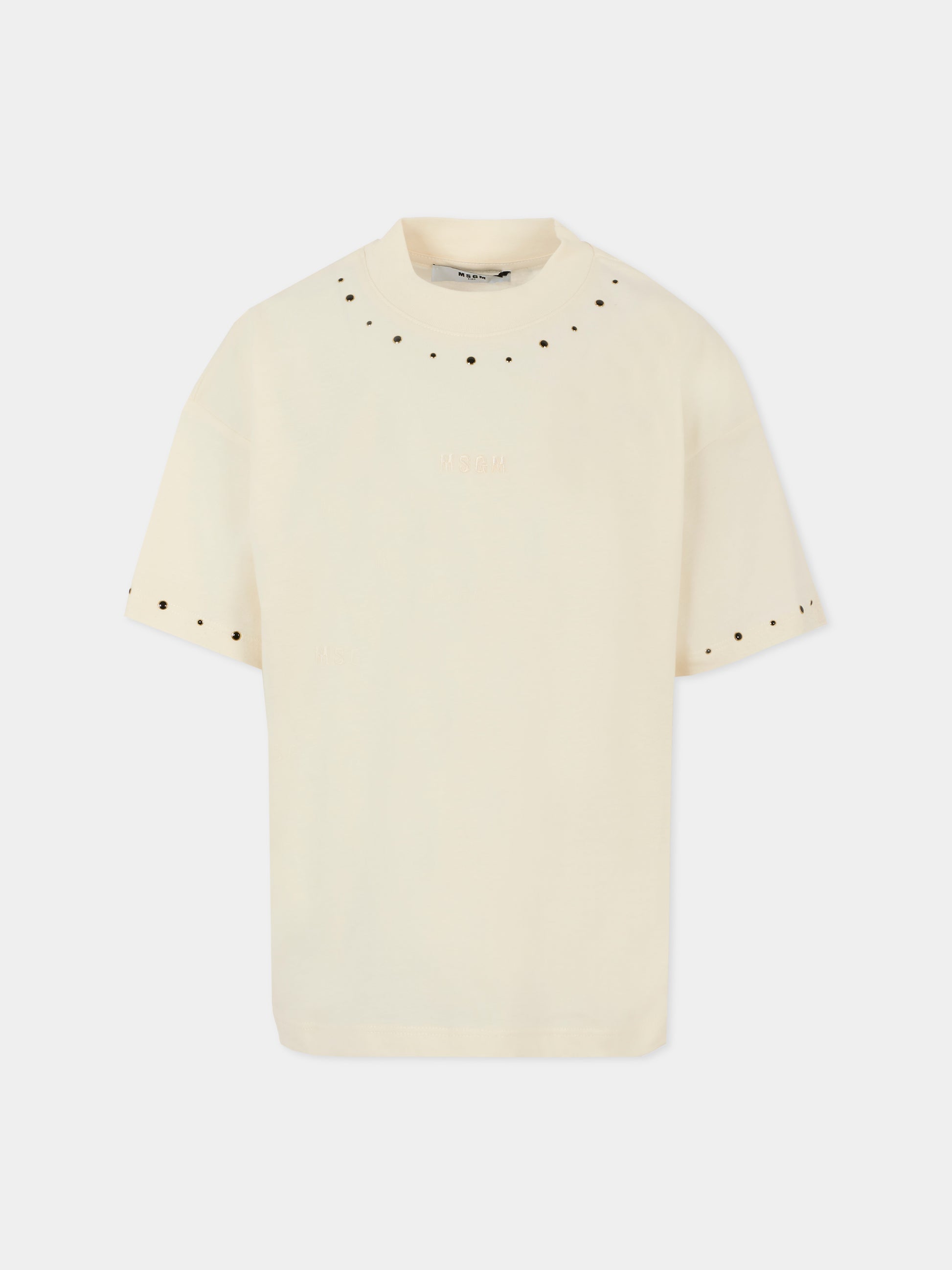 T-shirt avorio per bambina con logo e borchie,Msgm Kids,F5MSJGTH149 013