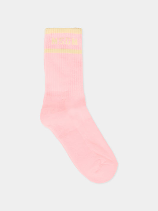 Calze rosa per bambina con logo avorio,Msgm Kids,F5MSJUSO278 MS038