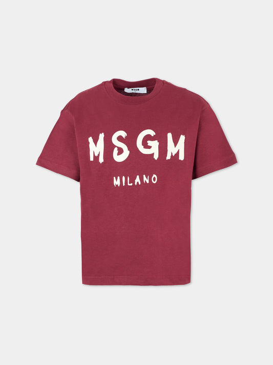 T-shirt bordeaux per bambini con logo bianco,Msgm Kids,F5MSJUTH007 MS034