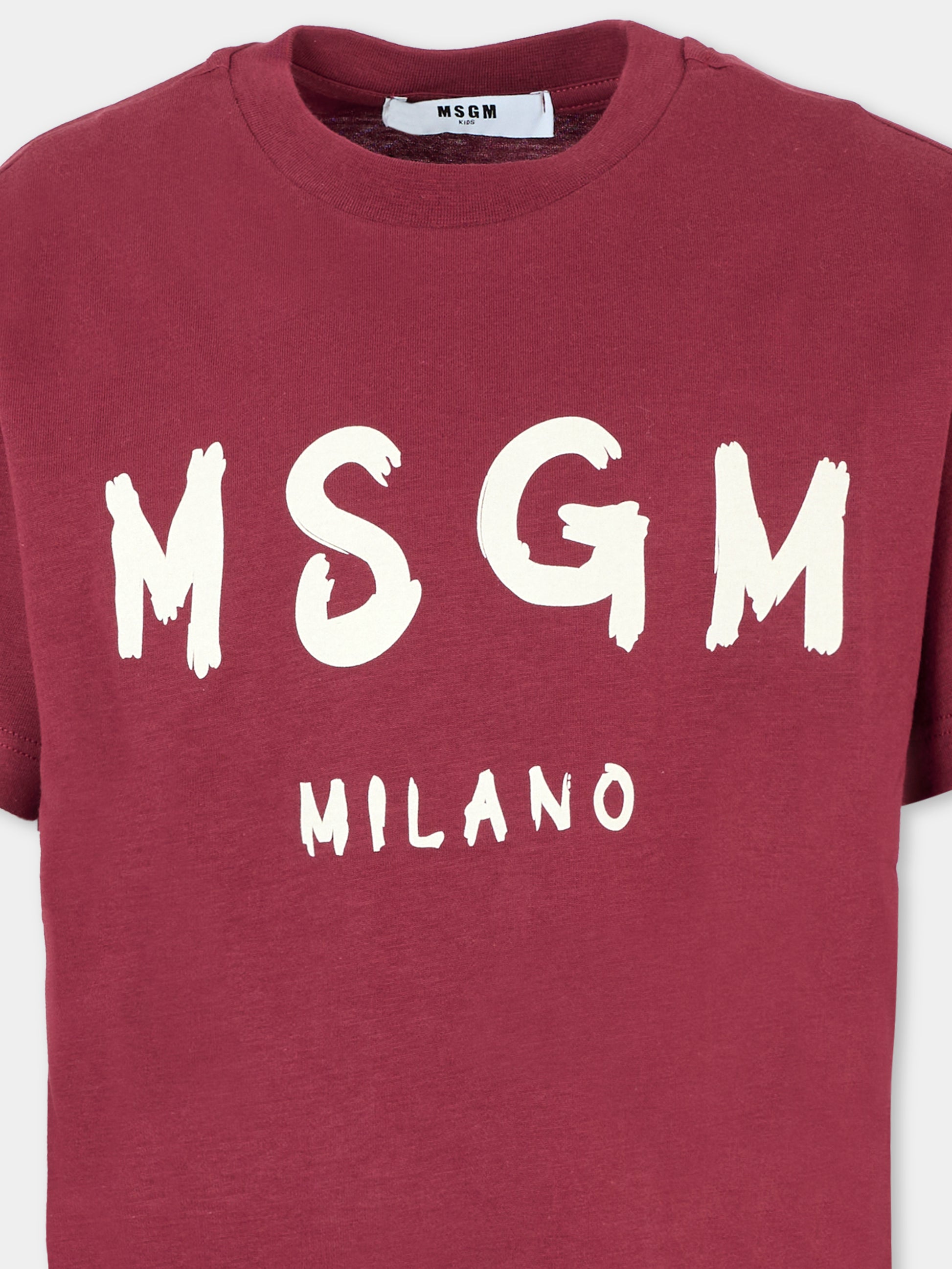 T-shirt bordeaux per bambini con logo bianco,Msgm Kids,F5MSJUTH007 MS034