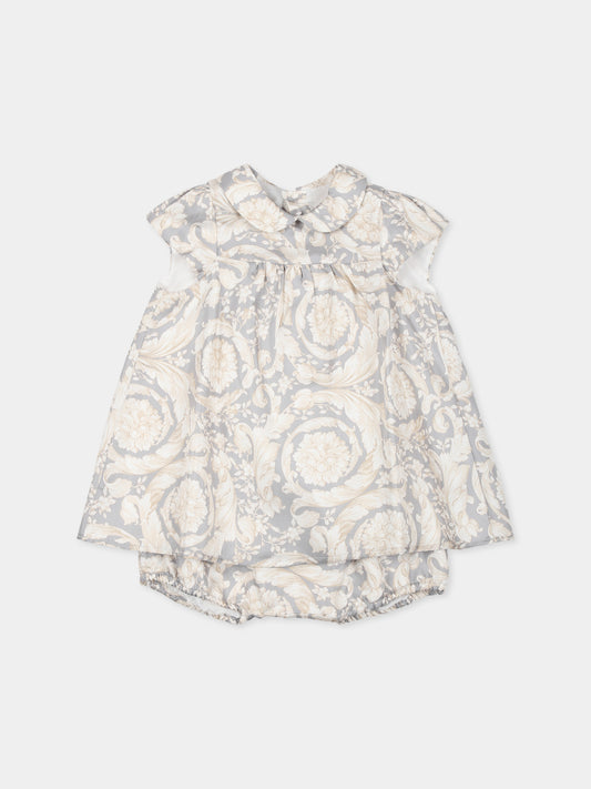 Vestito grigio per neonata con stampa Barocco,Versace,1017943 1A12840 2EO90