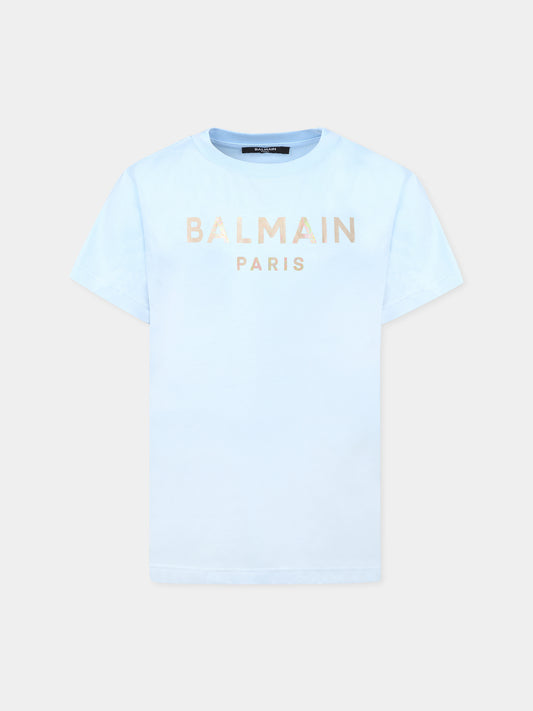 T-shirt celeste per bambina con logo,Balmain Kids,BU8A31 Z1751 684