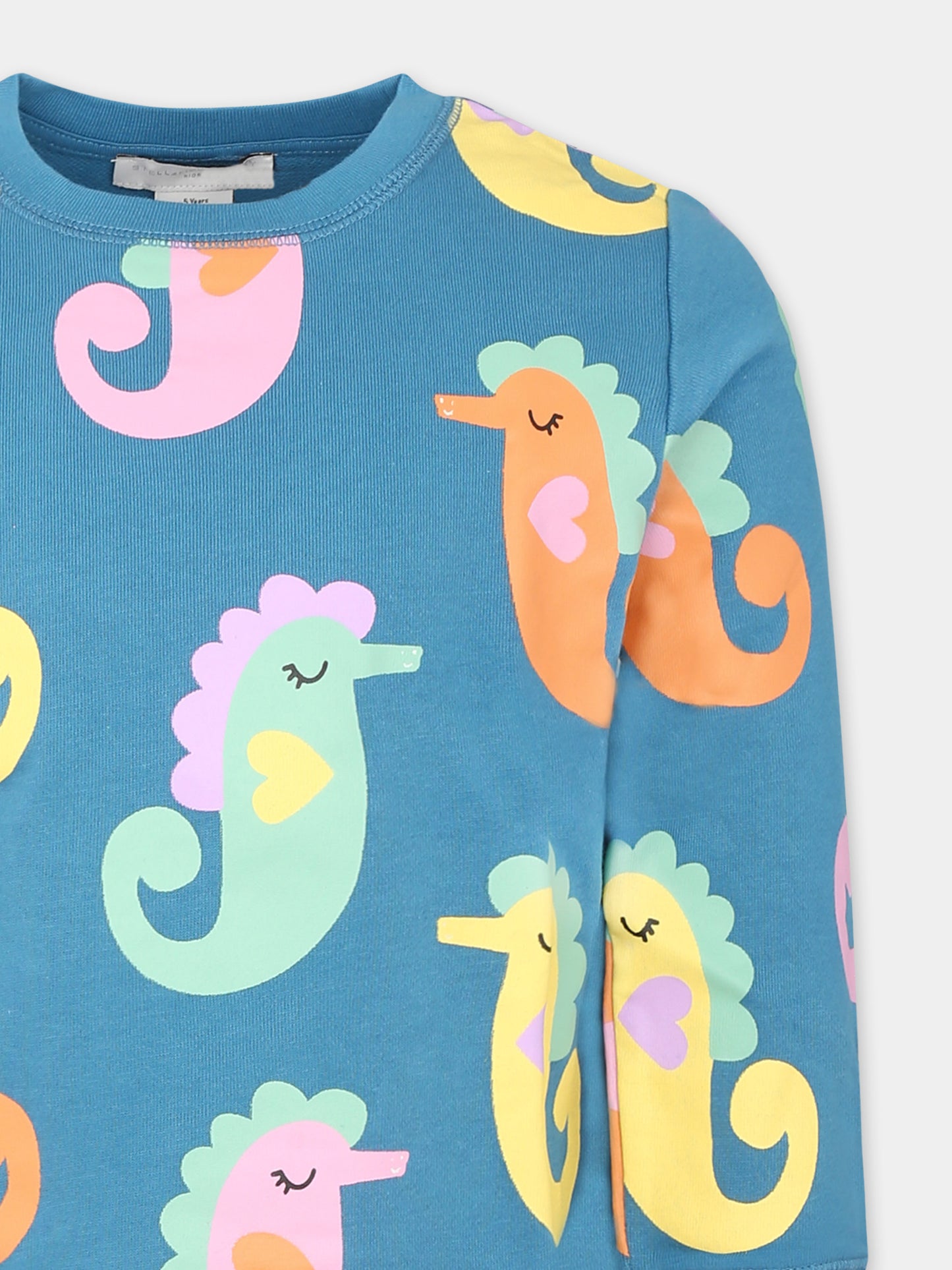 Felpa blu per bambina con cavallucci marini all over,Stella Mccartney Kids,TU4A40 Z1636 672MC
