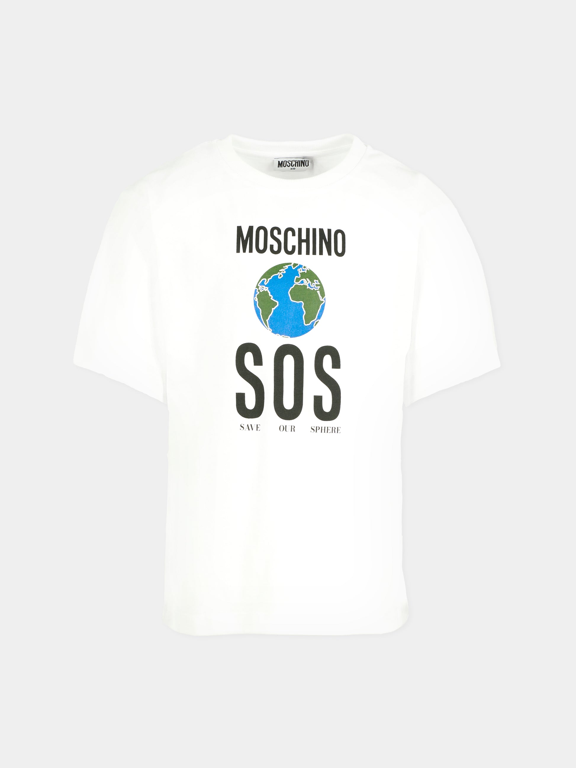 T-shirt bianca per bambino con pianeta terra,Moschino Kids,HDM071 LAA10 10101