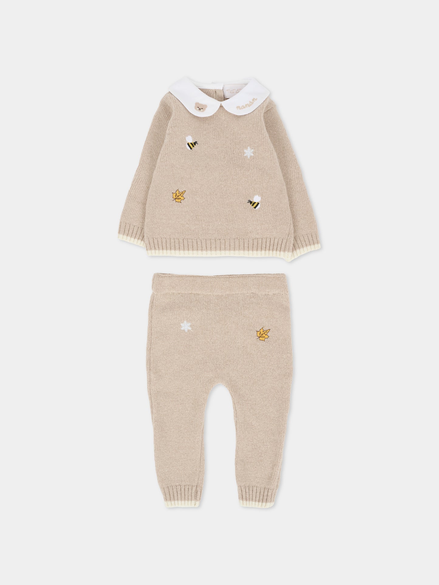 Completo nascita beige per neonati con api ricamate,Nanán,I25010BE