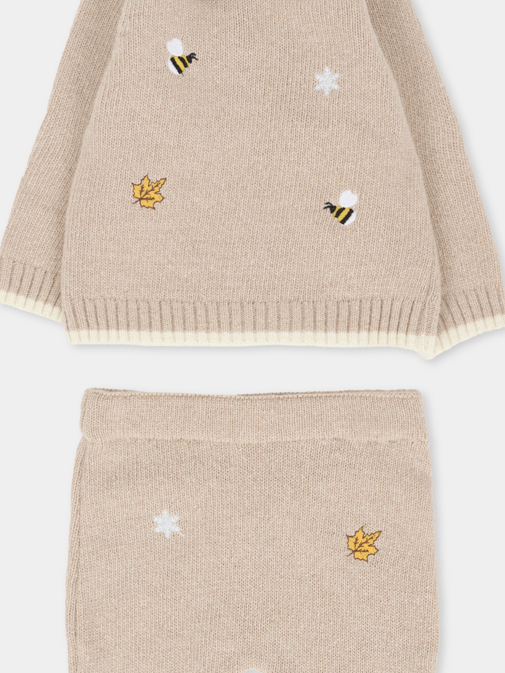 Completo nascita beige per neonati con api ricamate,Nanán,I25010BE