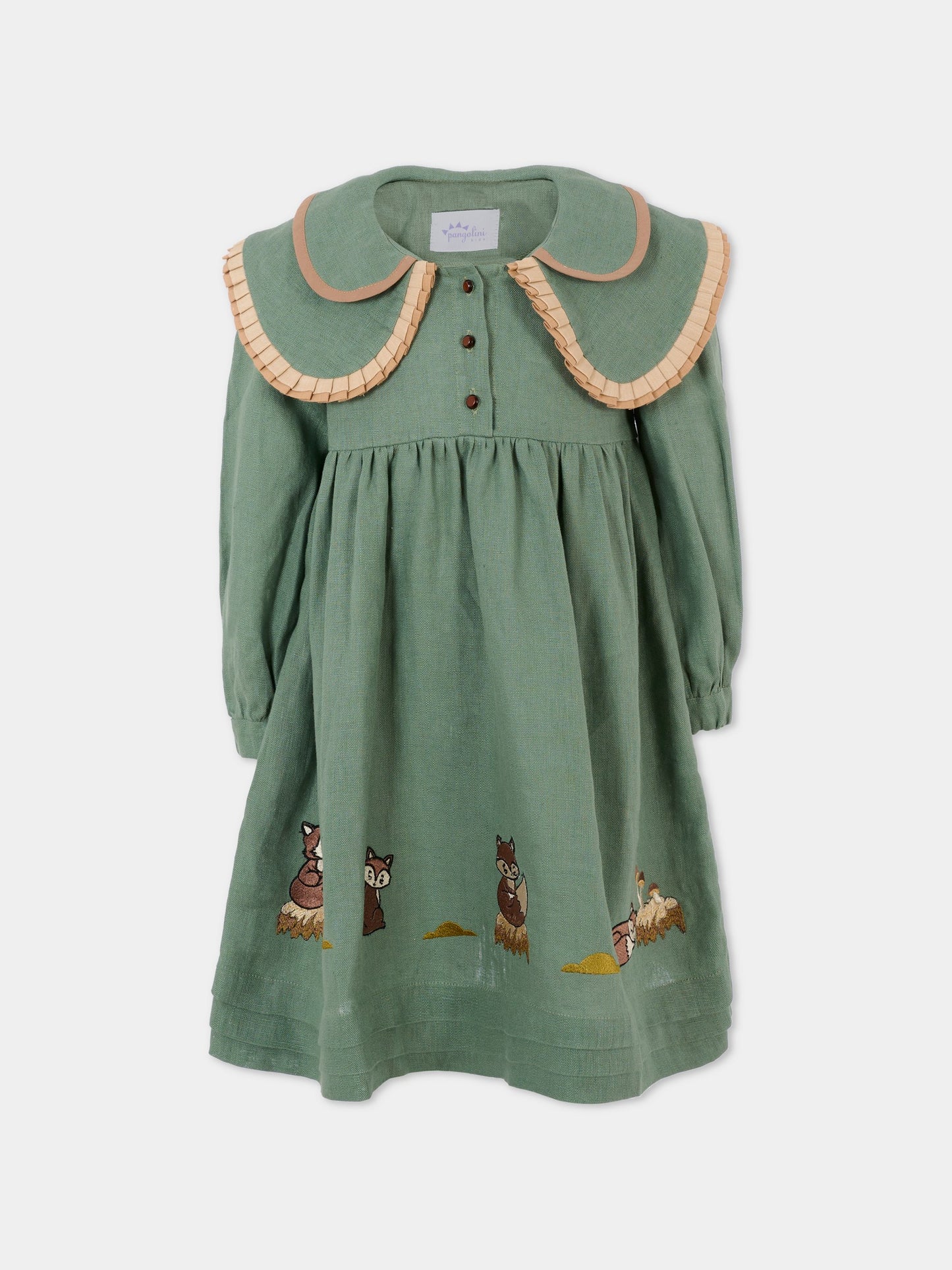 Vestito verde per bambina con volpe,Pangolini Kids,DRESS FOX