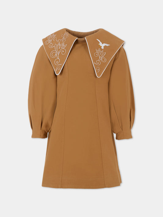 Vestito marrone per bambina con ricami,Pangolini Kids,DRESS