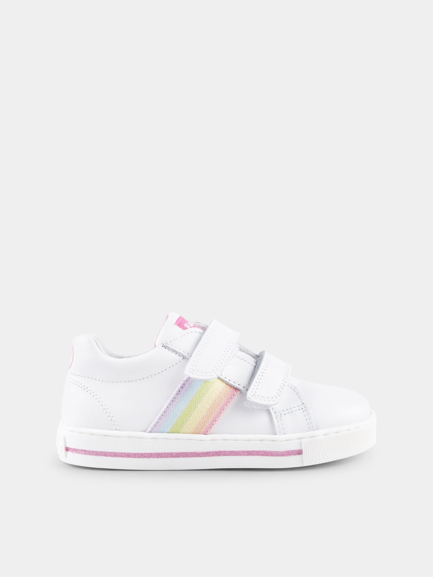 White sneakers for baby girl and girl with rainbow